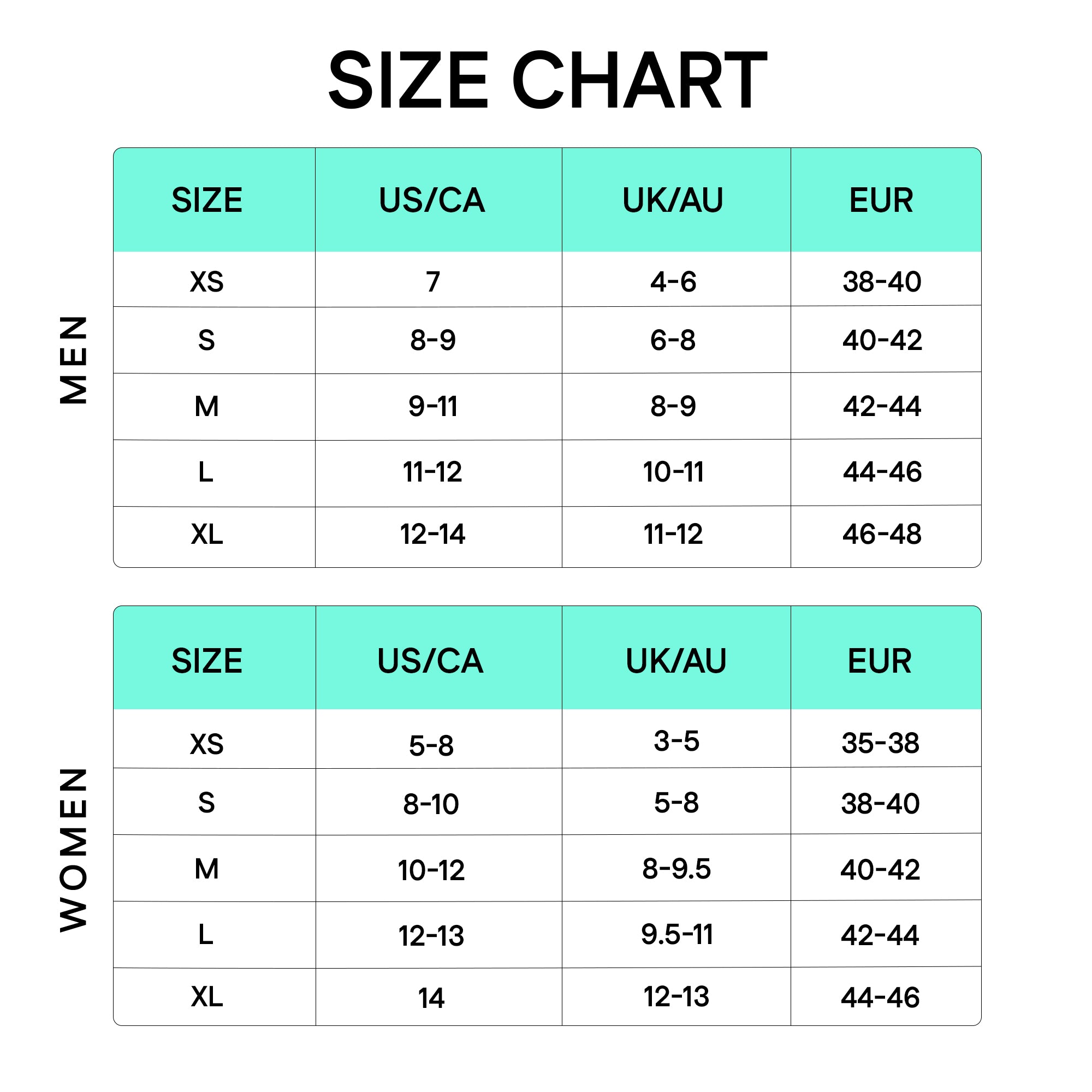 Arch Support Gel Insoles Size Chart