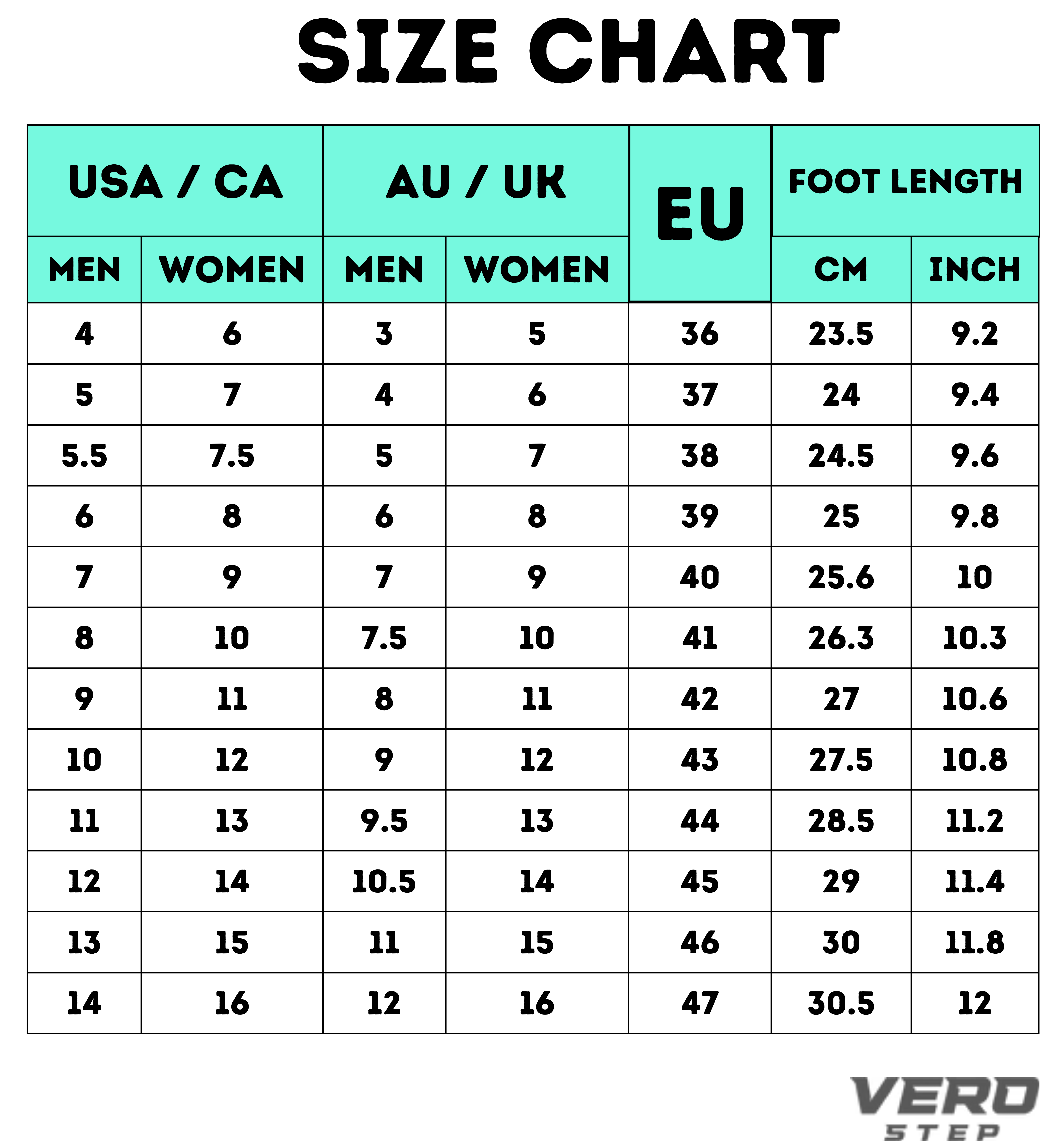 CloudStep - Hands Free and Supportive Walking Shoes Size Chart